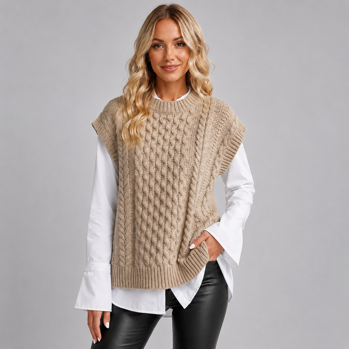 Montarello Women's Sweater Vest Cable Knit Round Neck