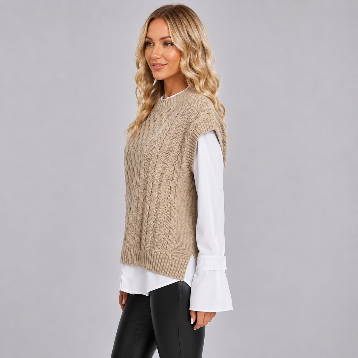 Montarello Women's Sweater Vest Cable Knit Round Neck