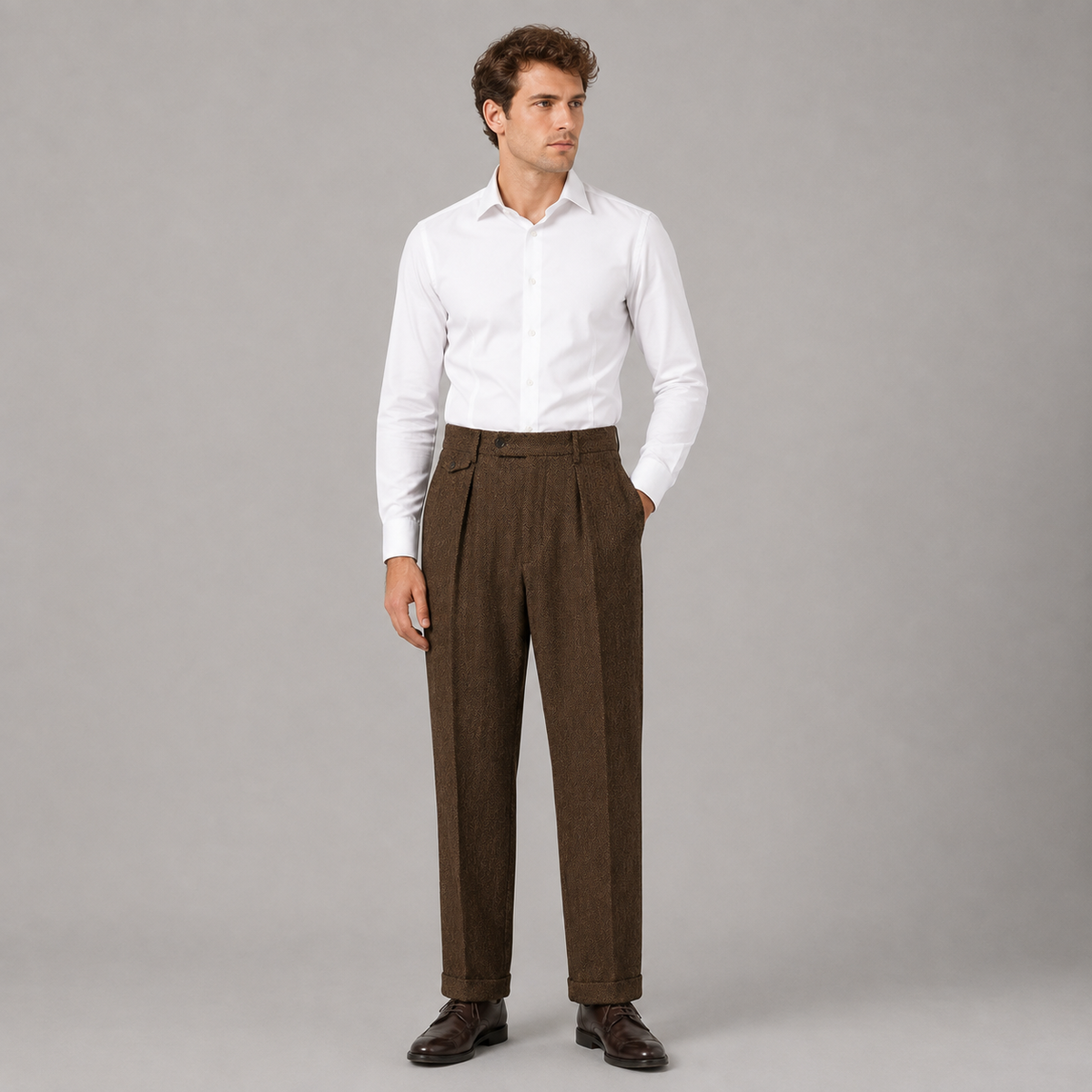 Montarello Men's Trousers Herringbone Pleated Straight Leg