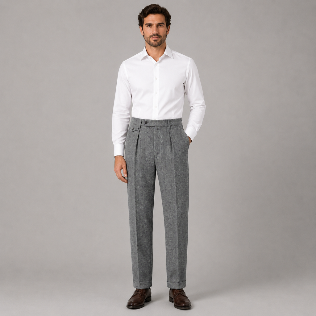 Montarello Men's Trousers Herringbone Pleated Straight Leg