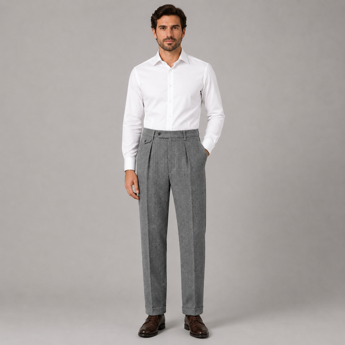 Montarello Men's Trousers Herringbone Pleated Straight Leg