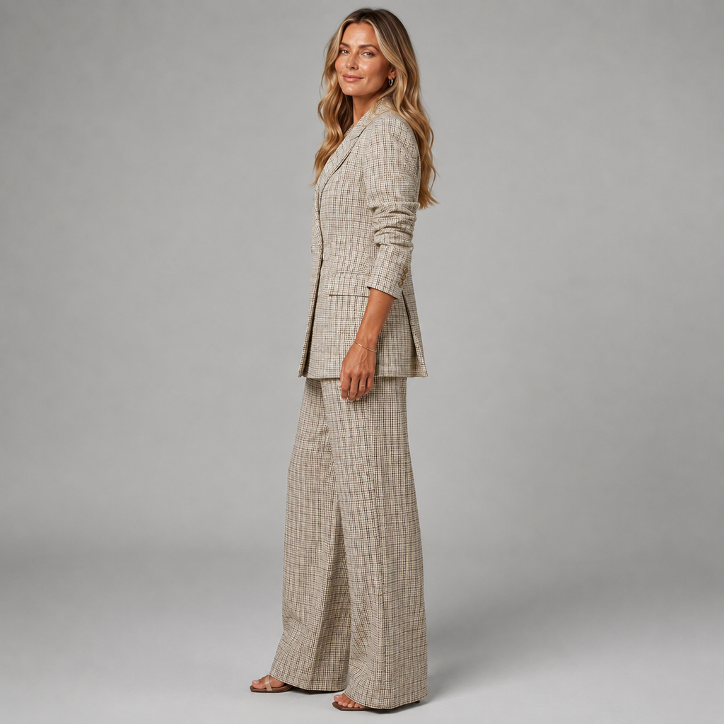 Montarello Women's Suit Set Check Blazer Wide-Leg Trousers