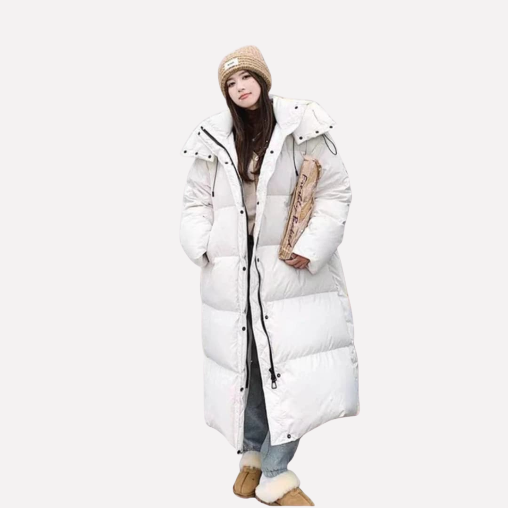 Women's Long Hooded Puffer Jacket with Zipper Front