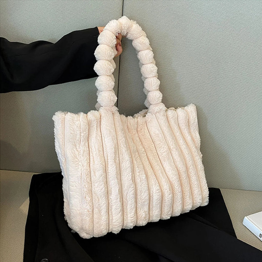 Women's Plush Ribbed Handbag with Beaded Handle