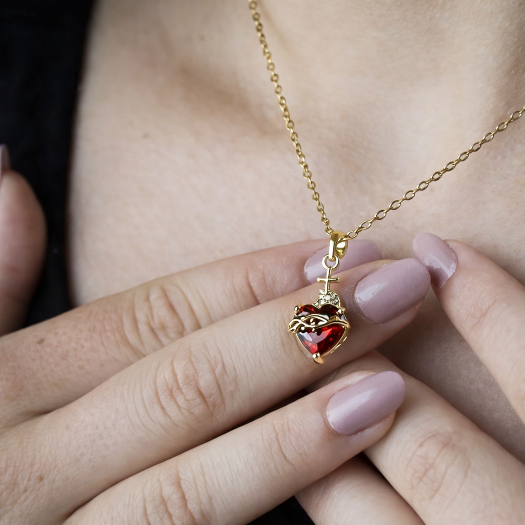 Sacred Heart | Gold-Plated Necklace with Red Zircon