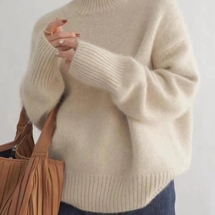 Women's Oversized Turtleneck Sweater, Ribbed Trim, Long Sleeves