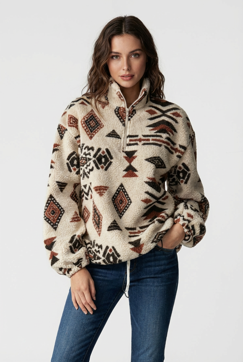 Women's Geometric Fleece Half-Zip Sweatshirt, High Neck