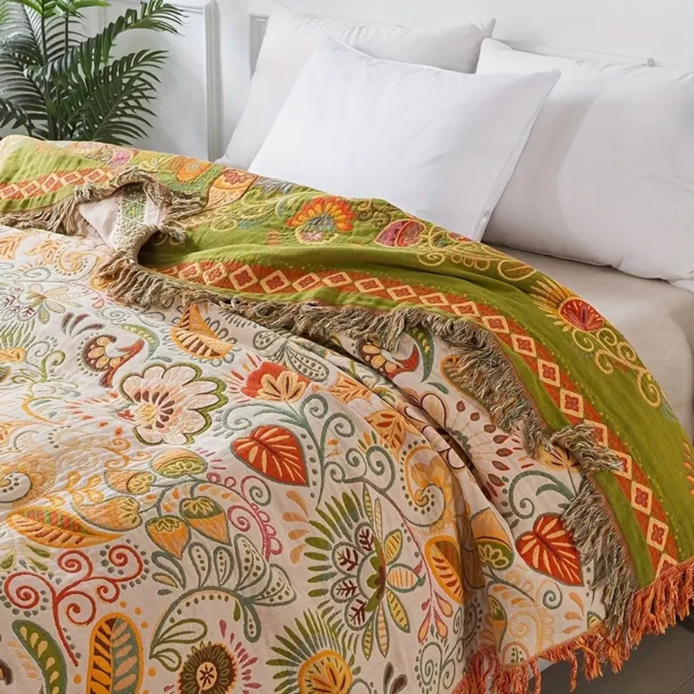 Cozy Double-Sided Boho Throw Blanket with Fringes for Sofa and Bed