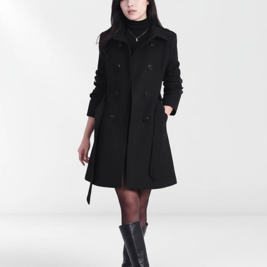 Women's Double-Breasted Coat with Belt Mid-Length