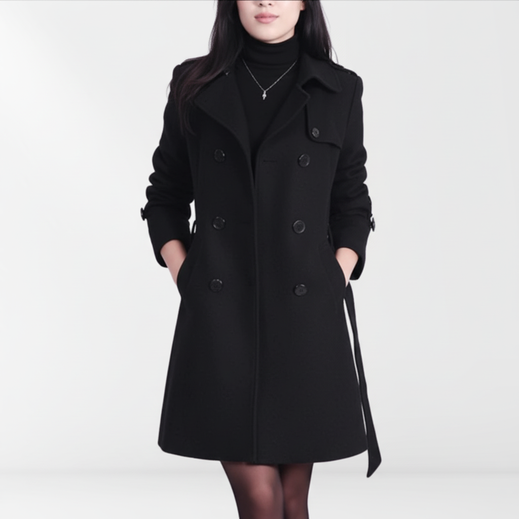 Women's Double-Breasted Coat with Belt Mid-Length