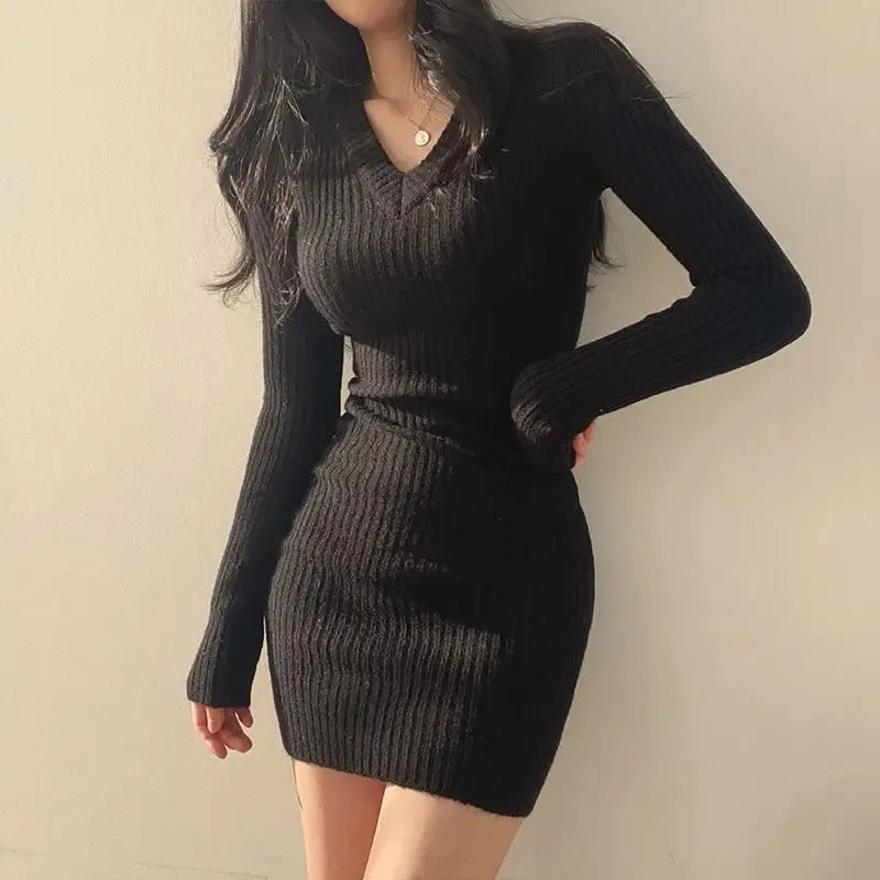 Women's Ribbed Bodycon Mini Dress with V-Neck Long Sleeve
