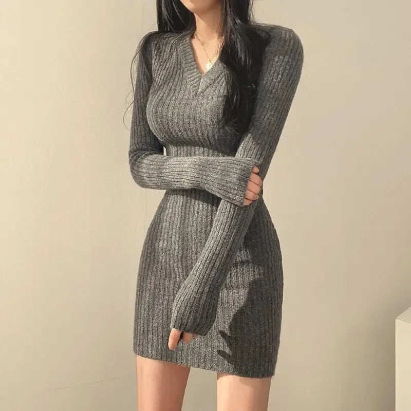 Women's Ribbed Bodycon Mini Dress with V-Neck Long Sleeve