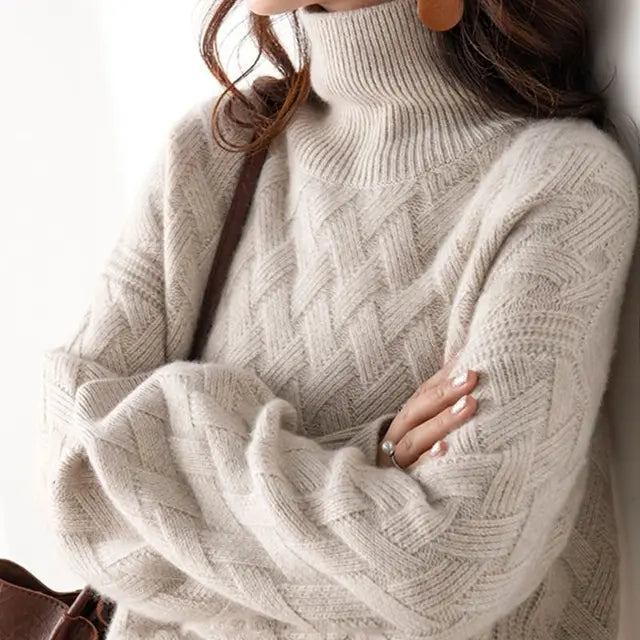 Women's Cable-Knit Turtleneck Sweater with Relaxed Fit