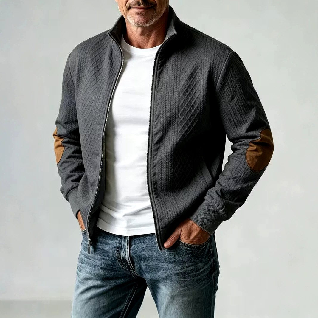 Damian - Men's Stand Collar Textured Zip Jacket with Patch Detail