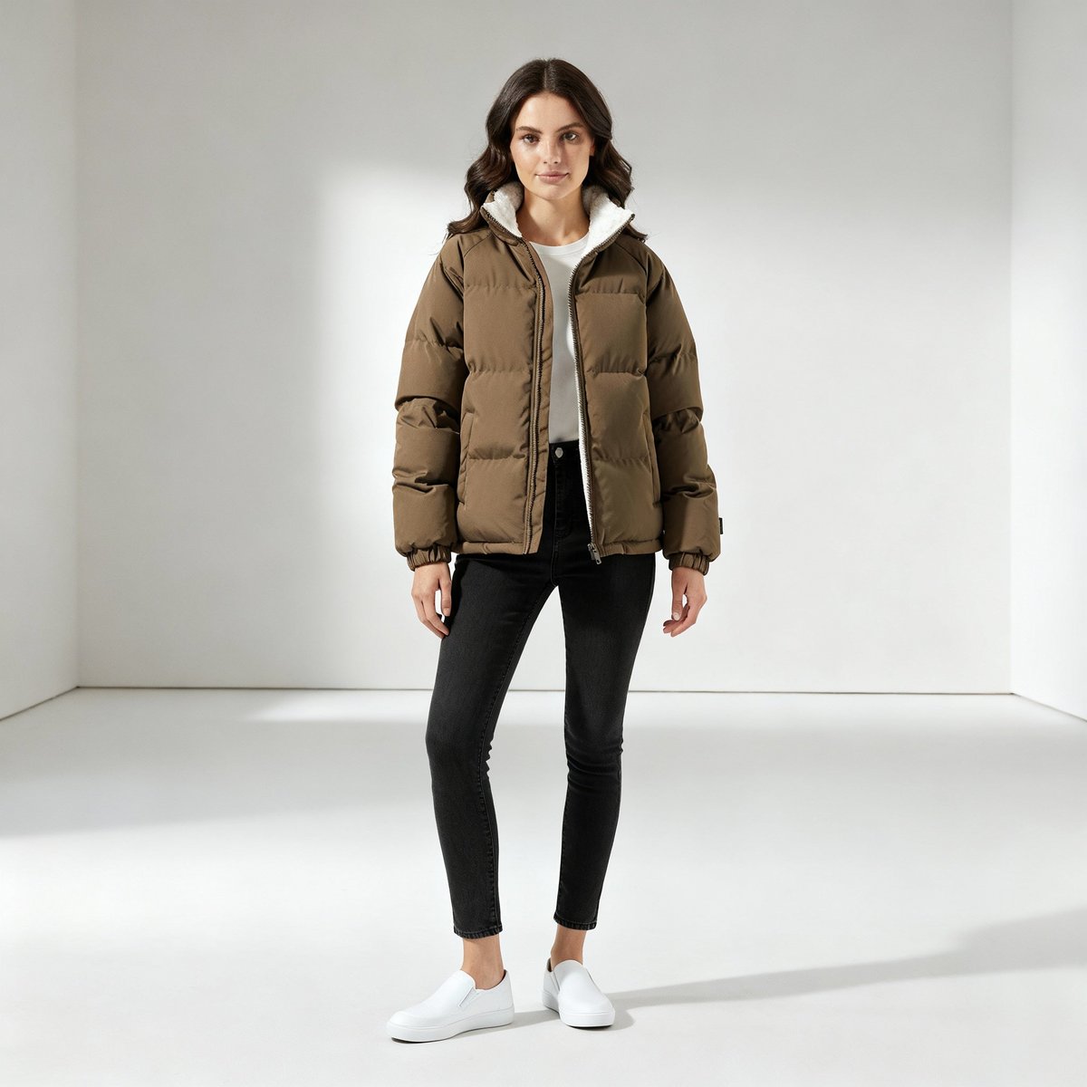Women's Hooded Puffer Jacket, Sherpa Lining, Zip Front