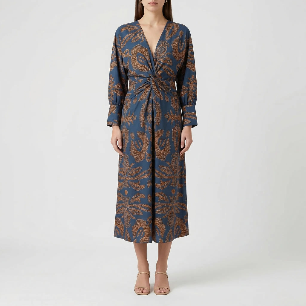 Women's Wrap-Style Midi Dress with Deep V-Neck