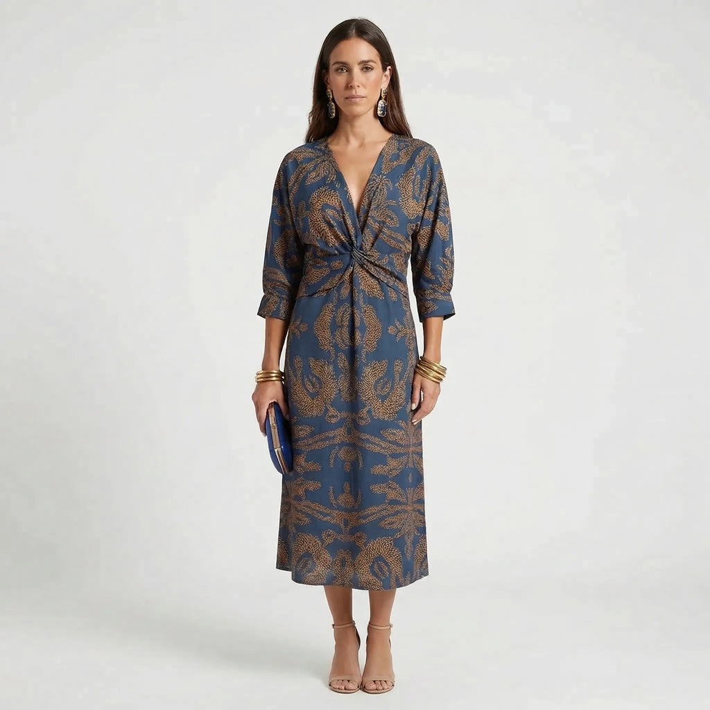 Women's Wrap-Style Midi Dress with Deep V-Neck