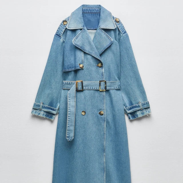 Women's Oversized Denim Trench Coat Double-Breasted