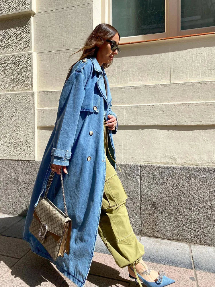 Women's Oversized Denim Trench Coat Double-Breasted