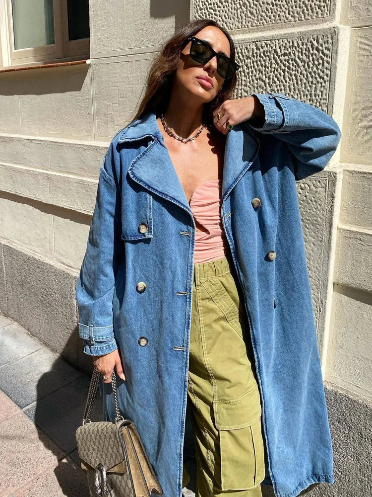 Women's Oversized Denim Trench Coat Double-Breasted
