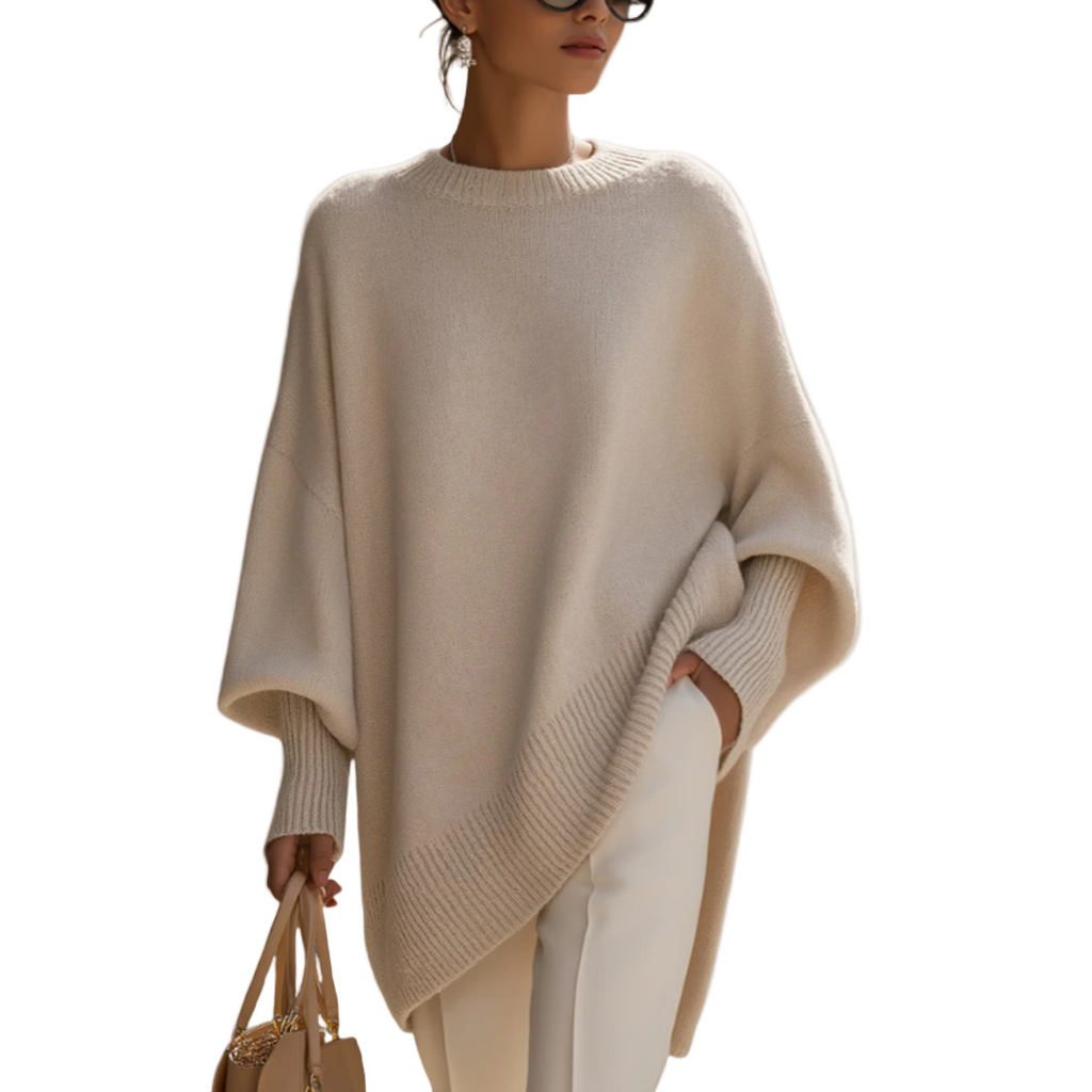 Women's Oversized Poncho Sweater, Crew Neck, Long Sleeves