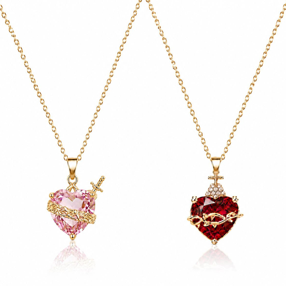 Sacred Heart | Jesus and Mary Necklace Set with Zircons