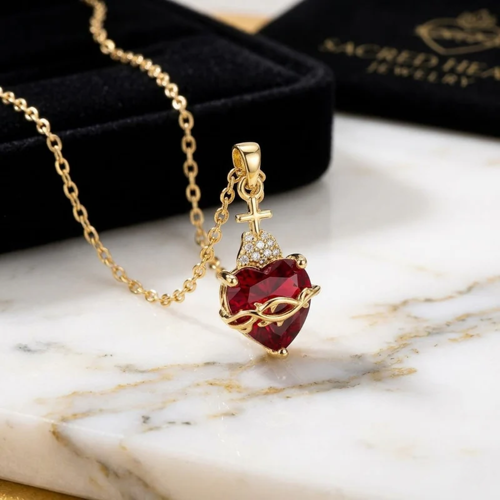 Sacred Heart | Gold-Plated Necklace with Red Zircon