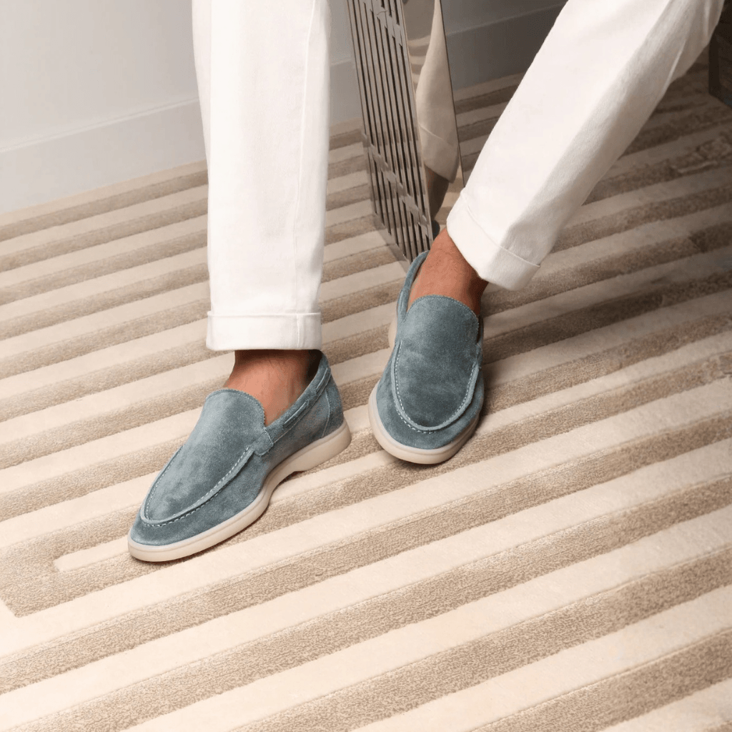 Men's Blue Slip-On Loafers, Moc Toe, Flat Sole