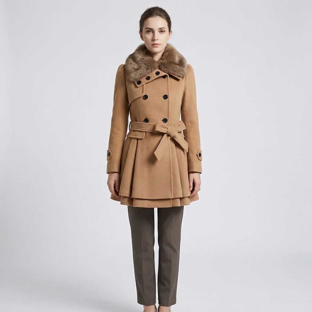 Women's Double-Breasted Belted Coat with Faux Fur Collar