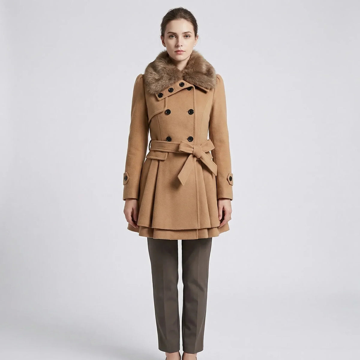 Women's Double-Breasted Belted Coat with Faux Fur Collar