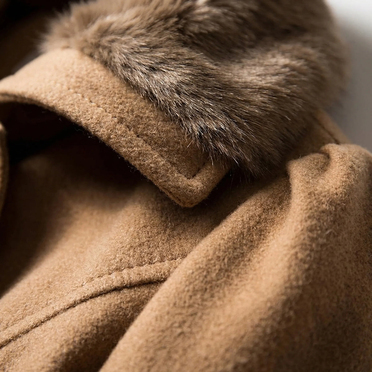 Women's Double-Breasted Belted Coat with Faux Fur Collar