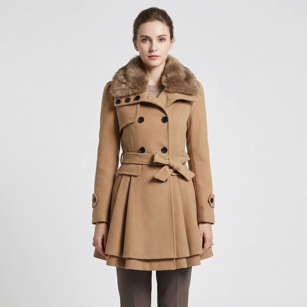 Women's Double-Breasted Belted Coat with Faux Fur Collar