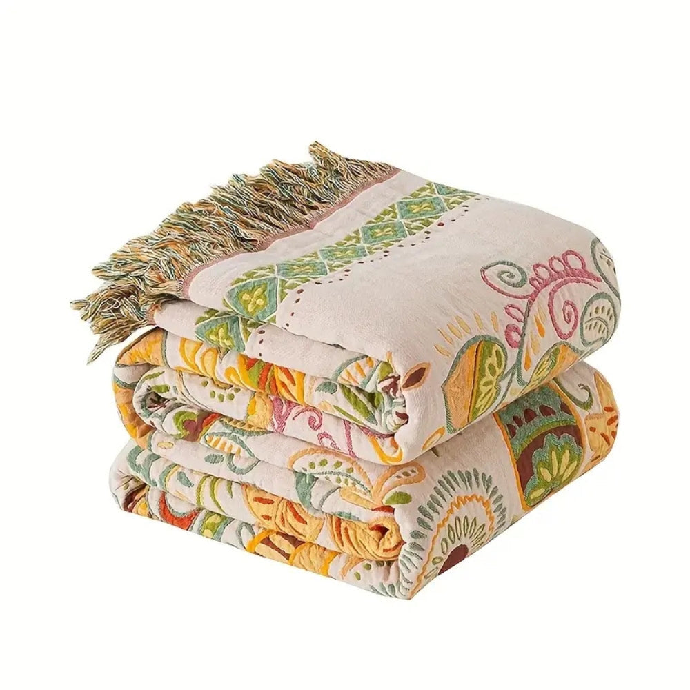 Double-Sided Fringed Boho Blanket for Sofa and Bed Cozy Cover