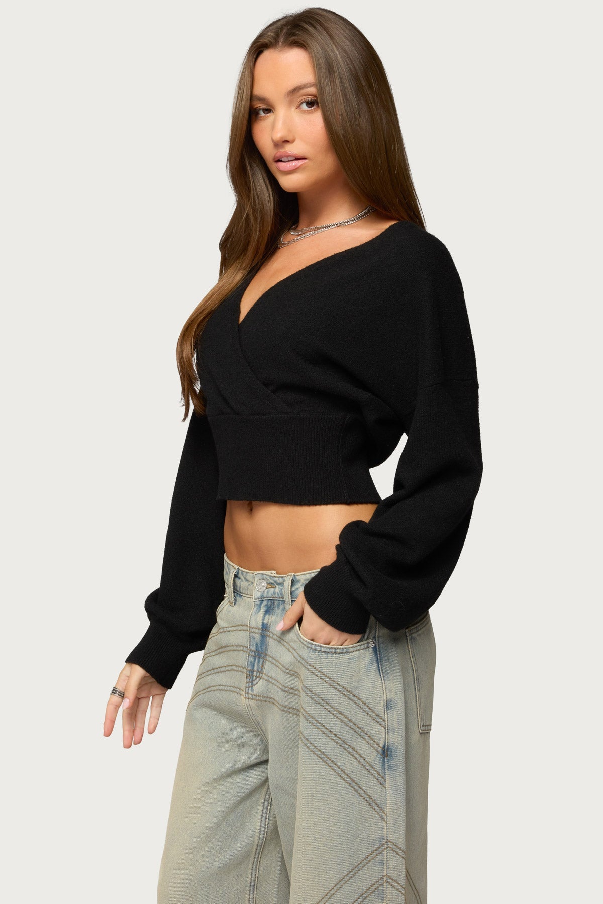 Women's Wrap Cropped Sweater, V-Neck, Long Sleeves