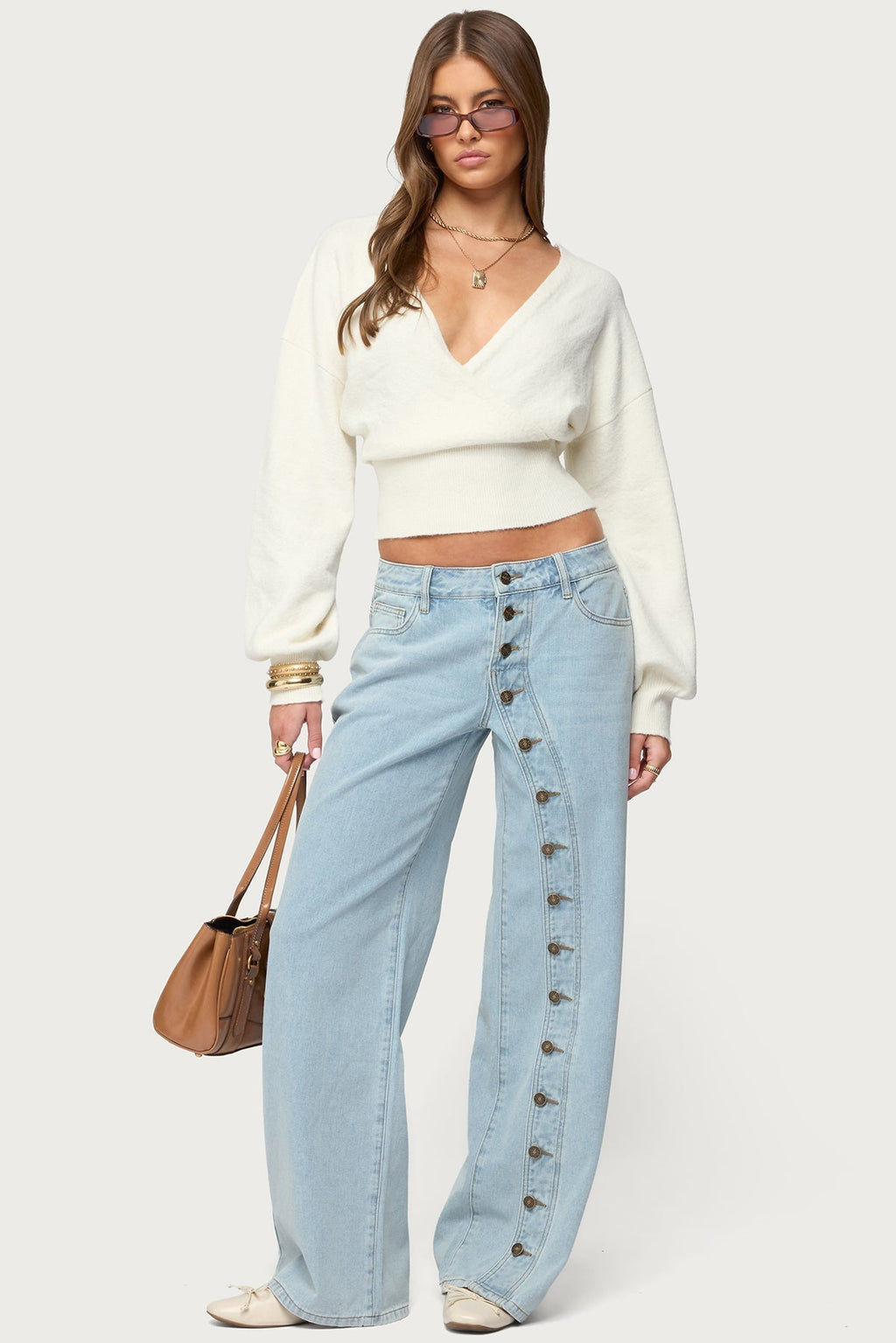 Women's Wrap Cropped Sweater, V-Neck, Long Sleeves