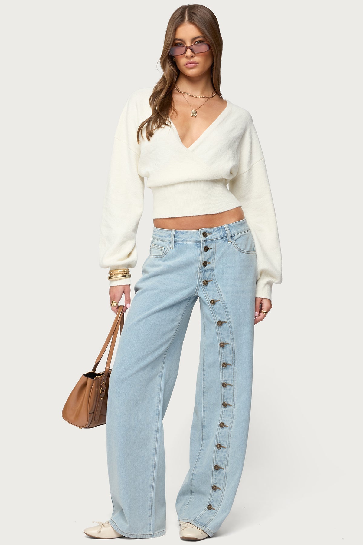 Women's Wrap Cropped Sweater, V-Neck, Long Sleeves