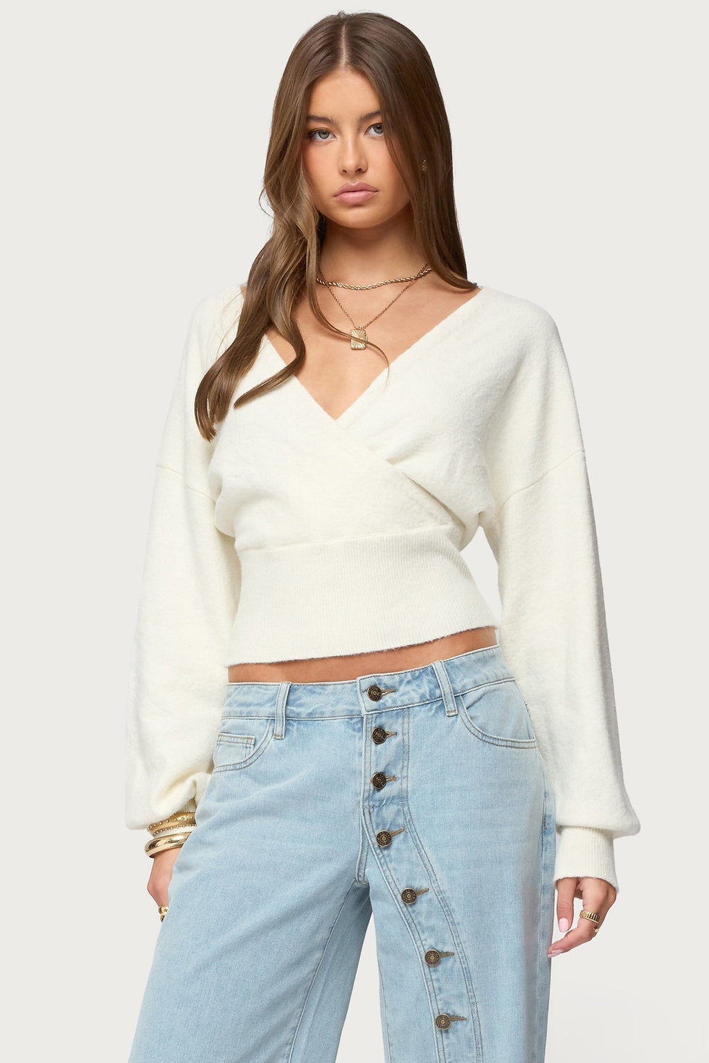 Women's Wrap Cropped Sweater, V-Neck, Long Sleeves