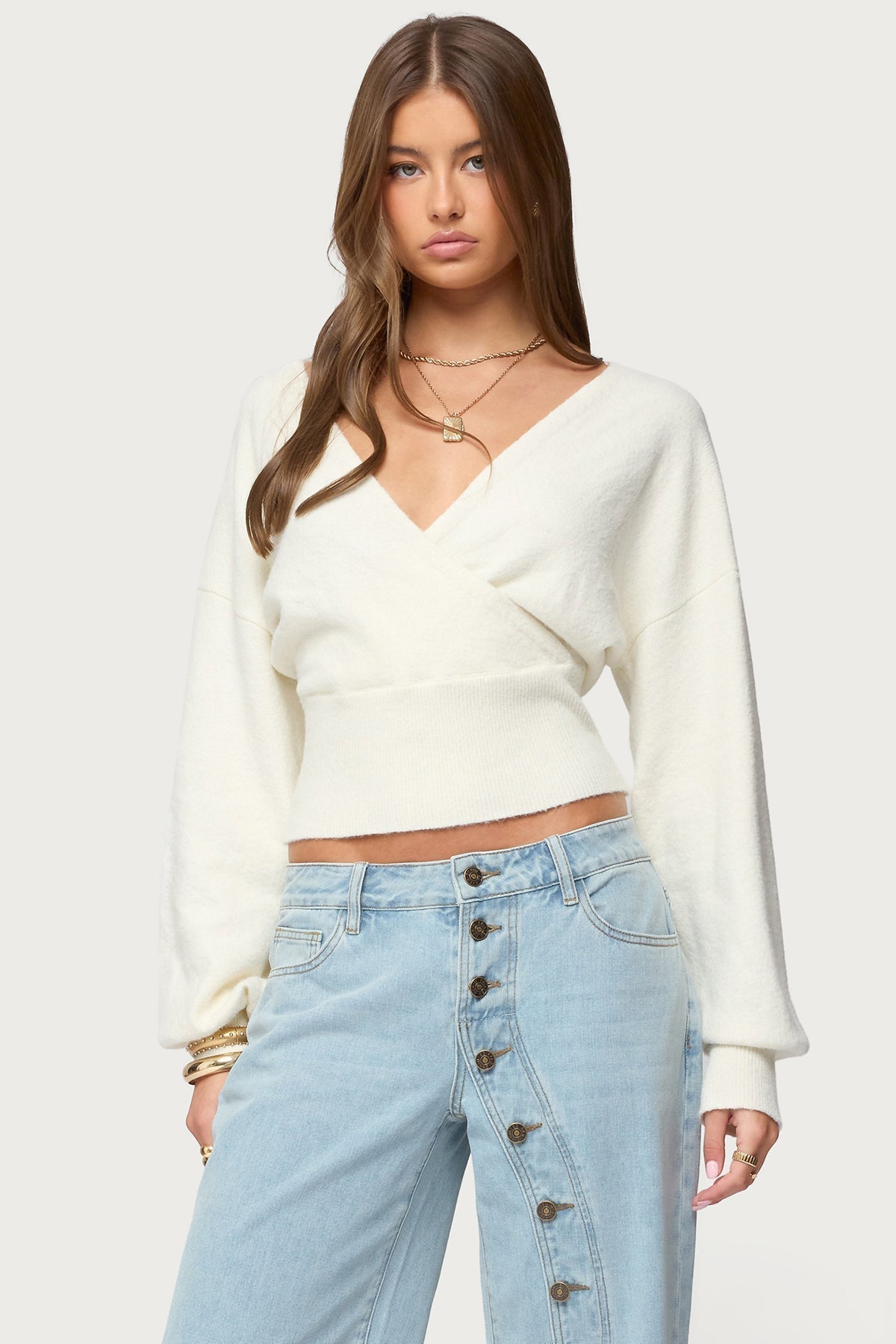 Women's Wrap Cropped Sweater, V-Neck, Long Sleeves