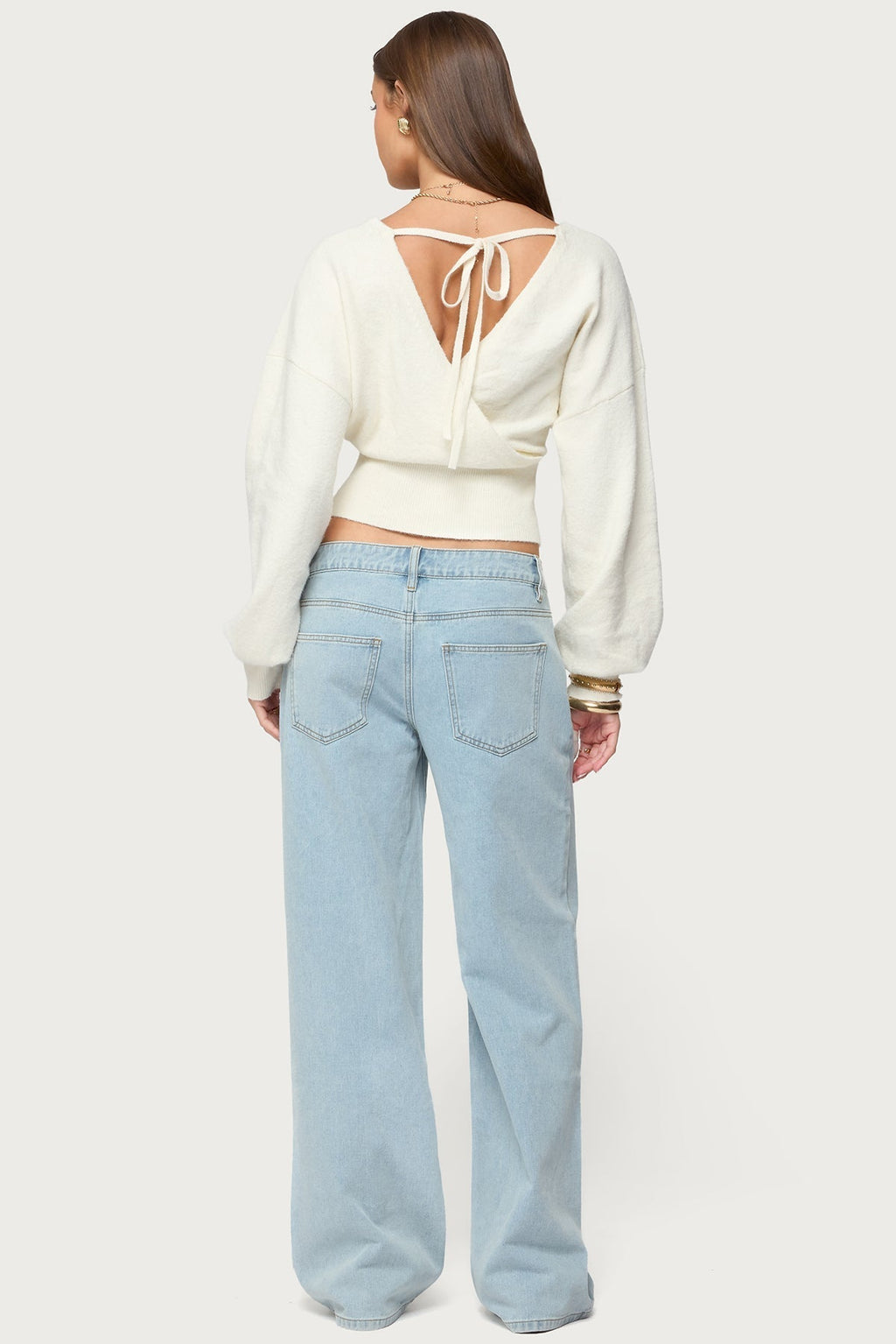 Women's Wrap Cropped Sweater, V-Neck, Long Sleeves