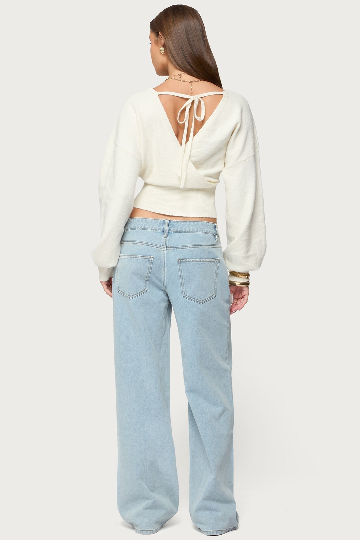 Women's Wrap Cropped Sweater, V-Neck, Long Sleeves
