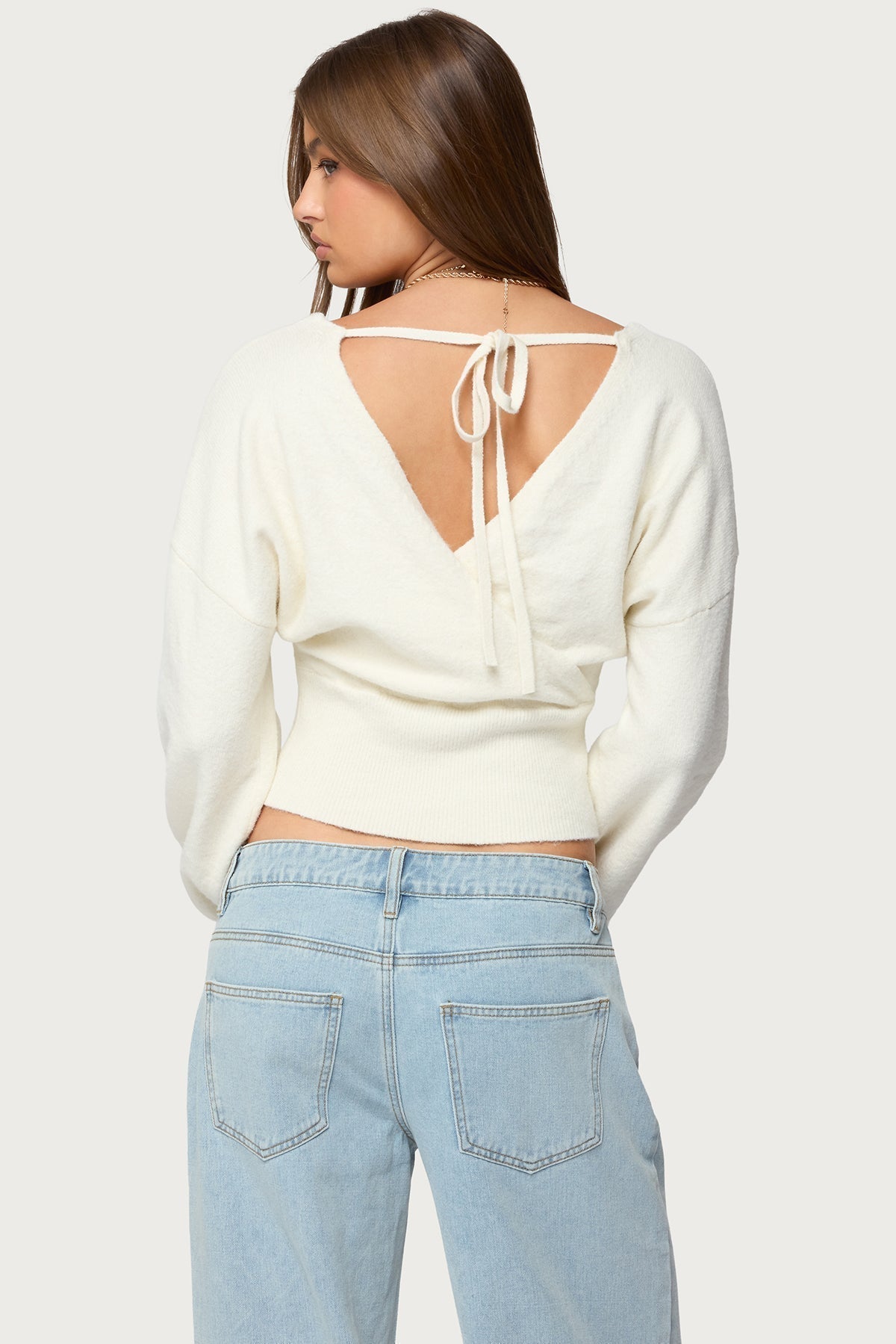 Women's Wrap Cropped Sweater, V-Neck, Long Sleeves