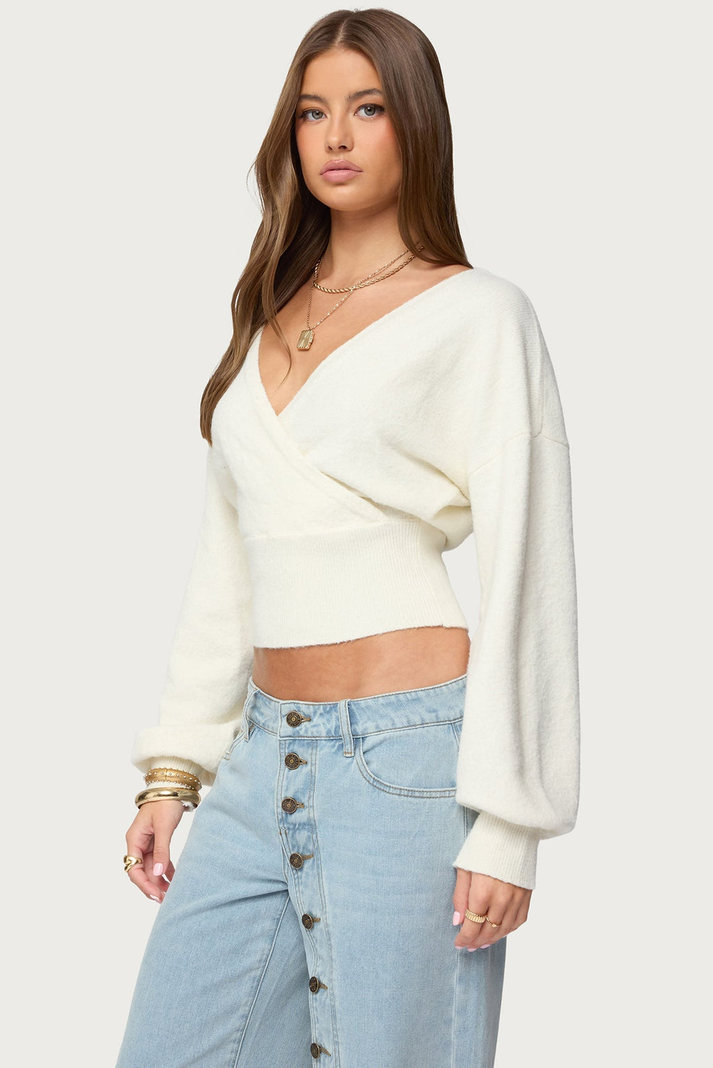 Women's Wrap Cropped Sweater, V-Neck, Long Sleeves