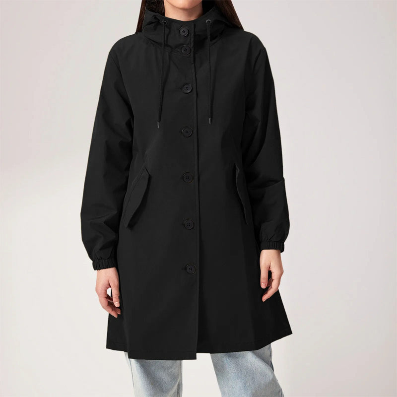 Women's Hooded Trench Coat Mid-Length with Button Front