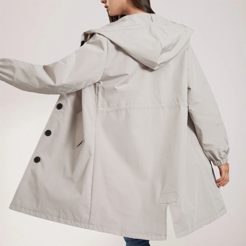 Women's Hooded Trench Coat Mid-Length with Button Front