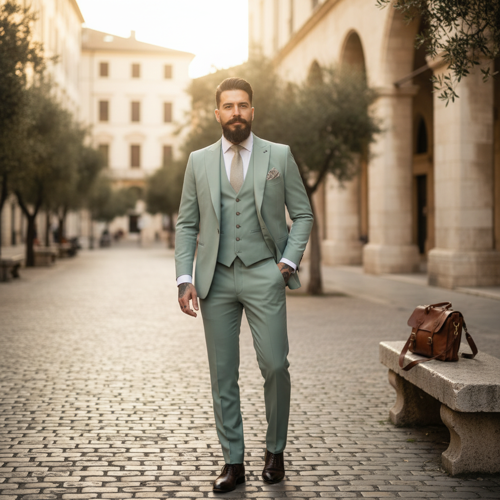 Men's Sage Green Three Piece Suit, Notch Lapel, Button Vest