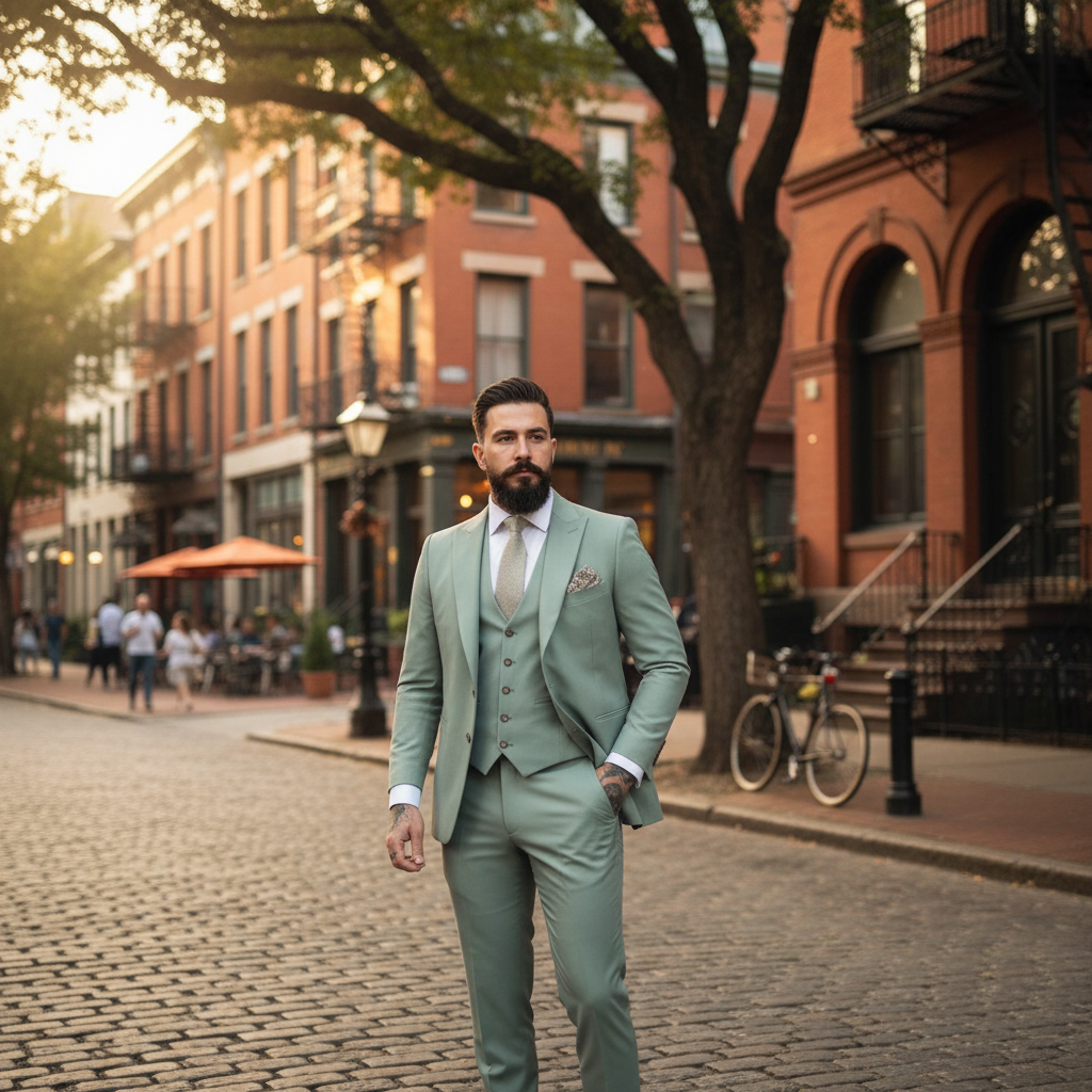 Men's Sage Green Three Piece Suit, Notch Lapel, Button Vest