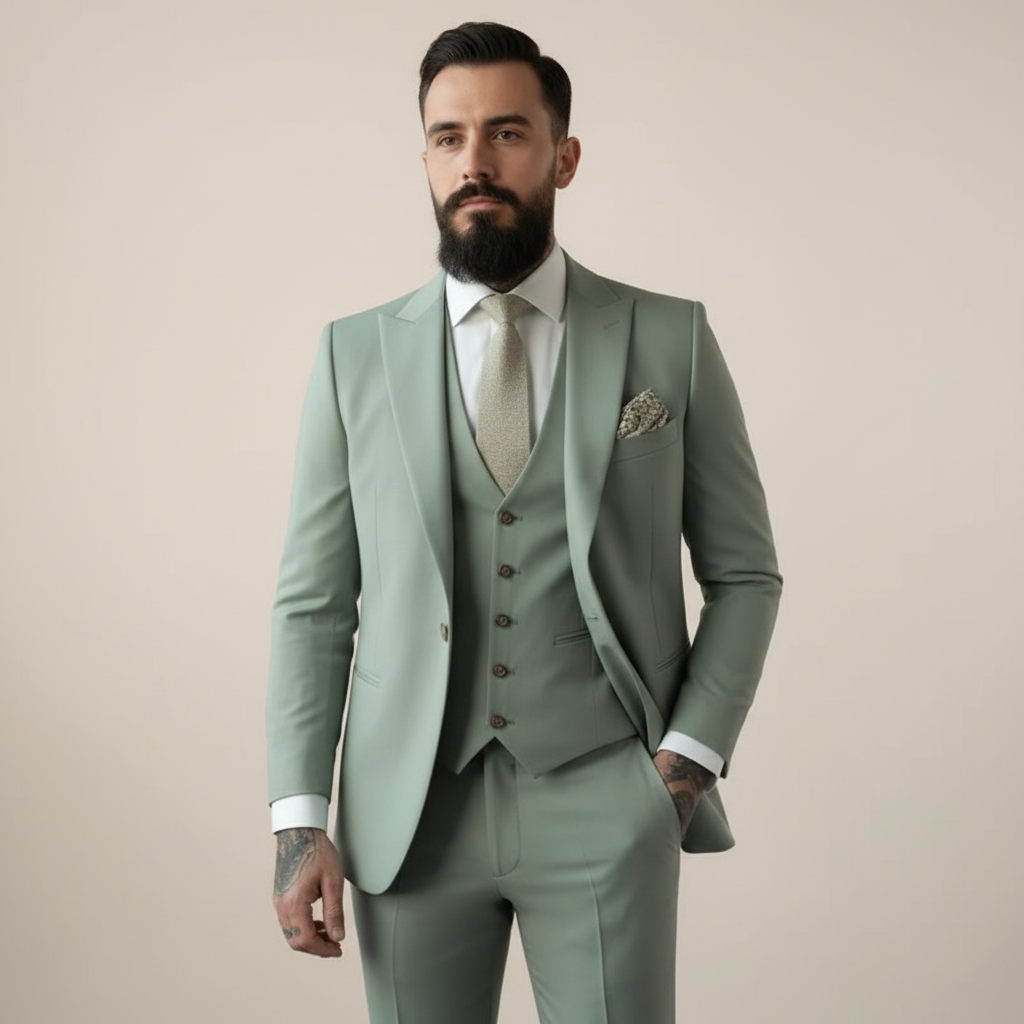 Men's Sage Green Three Piece Suit, Notch Lapel, Button Vest