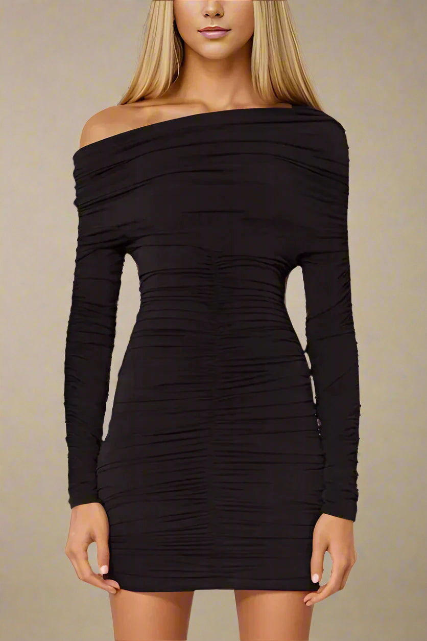 Women's Off-Shoulder Ruched Mini Dress with Long Sleeves