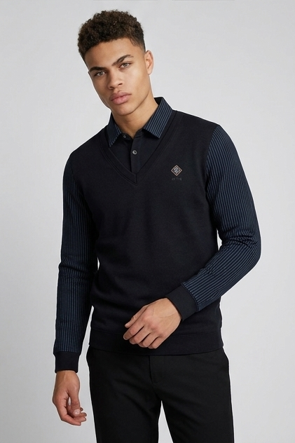 Men's Contrast Sleeve V-Neck Knit Jumper, Long Sleeves
