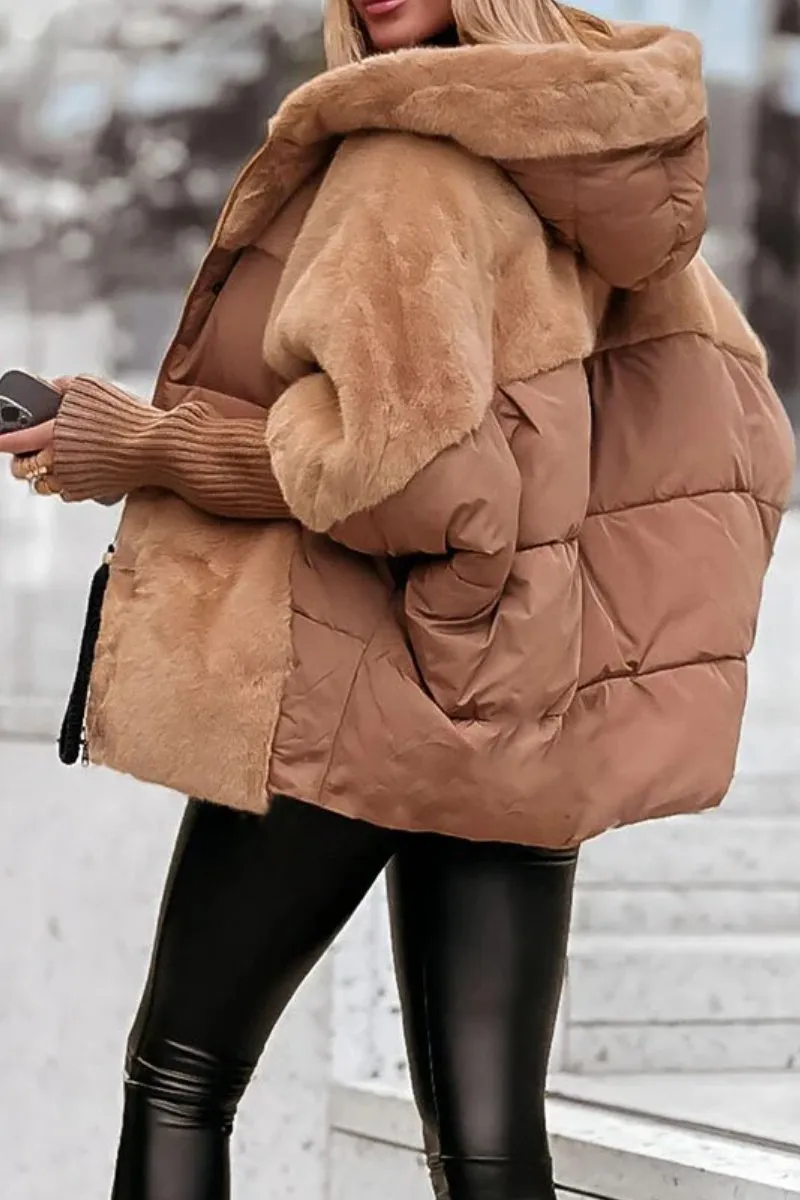 Women's Quilted Hooded Winter Jacket with Plush Trim